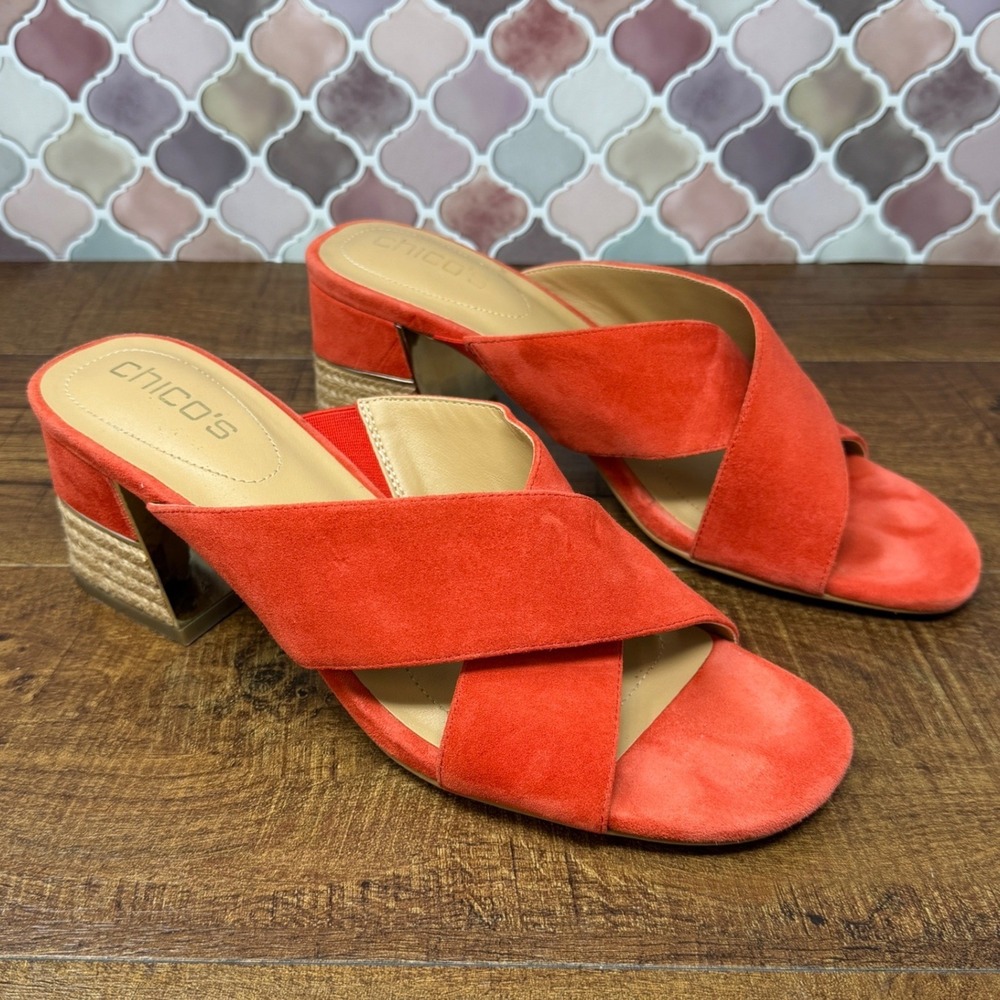 Chico's Valeri Suede Espadrille Block Heel Slides Mules Tangerine Orange 9.5